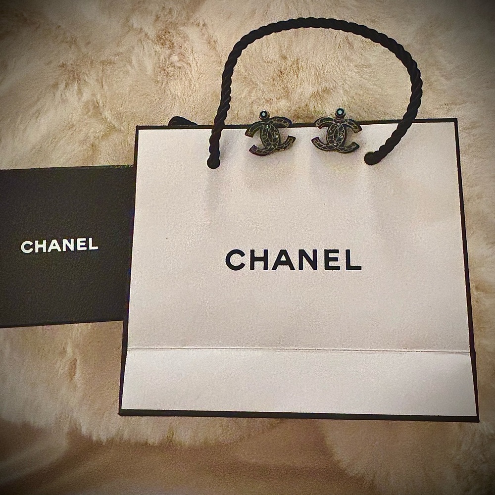 CHANEL Blue Crystal Logo Earrings - Authentic- with Box/Bag - Picture 3 of 13